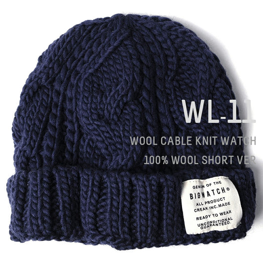 ウール ケーブル ニットキャップ BIGWATCH（Short Ver） ネイビー 紺 ビーニー ビッグサイズ ビッグワッチ ワッチキャップ ケーブル 防寒対策 W-11 春 秋 冬 帽子 大きいサイズ