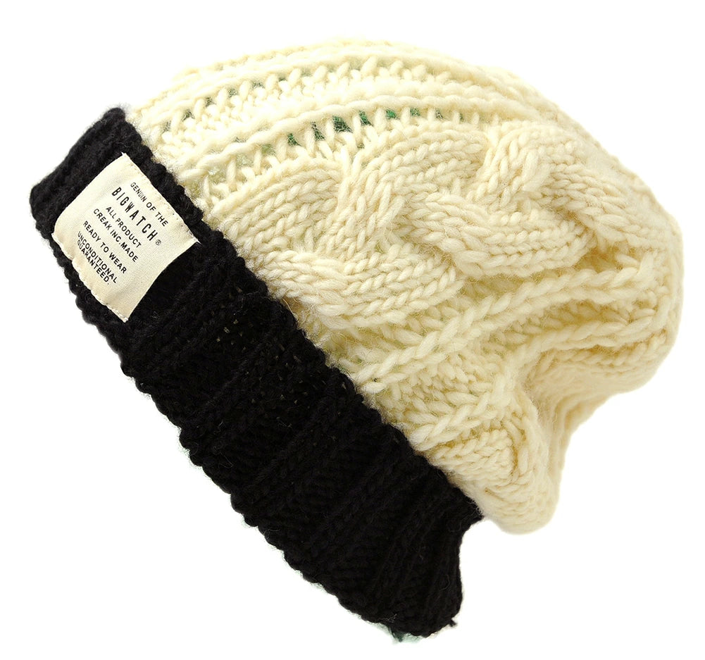 ニットキャップ ウール100% ケーブル ビーニー ホワイト/ブラック 白 黒 防寒 W-14 春 秋 冬/ビッグワッチ 大きいサイズ メンズ 帽子 BIGWATCH正規品
