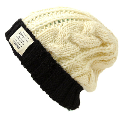 ニットキャップ ウール100% ケーブル ビーニー ホワイト/ブラック 白 黒 防寒 W-14 春 秋 冬/ビッグワッチ 大きいサイズ メンズ 帽子 BIGWATCH正規品