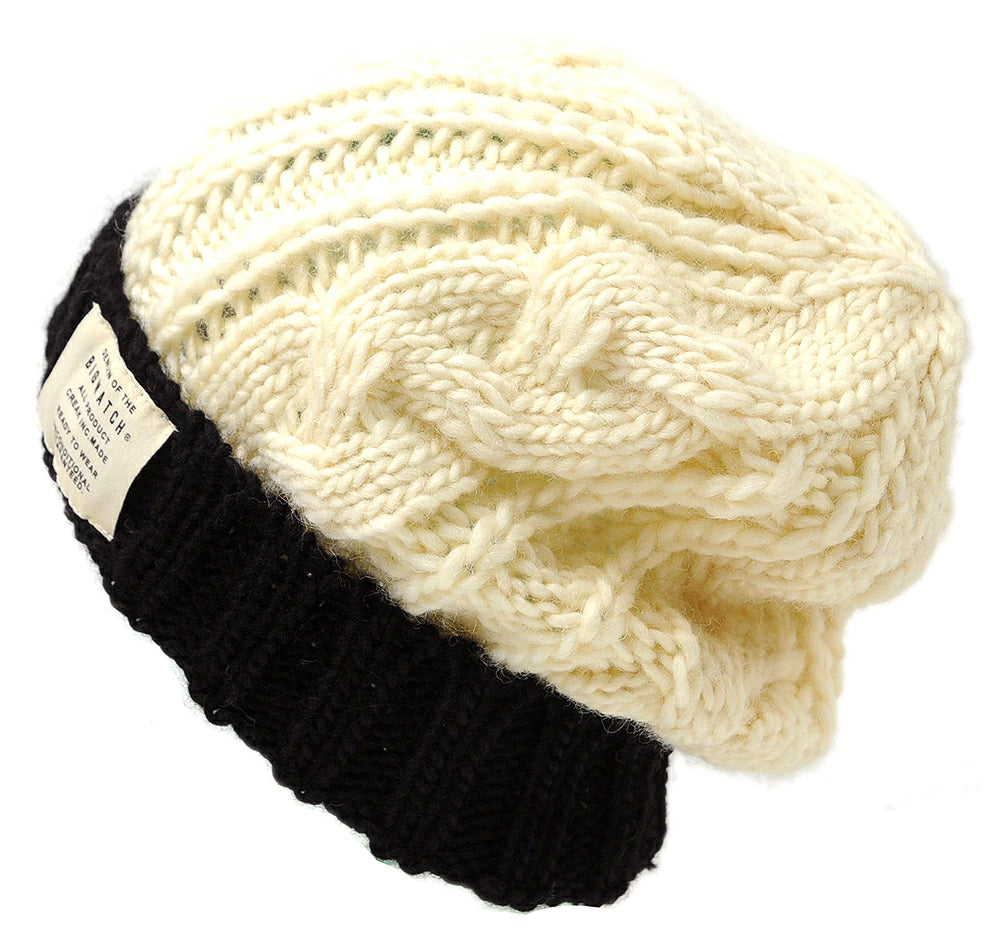 ニットキャップ ウール100% ケーブル ビーニー ホワイト/ブラック 白 黒 防寒 W-14 春 秋 冬/ビッグワッチ 大きいサイズ メンズ 帽子 BIGWATCH正規品