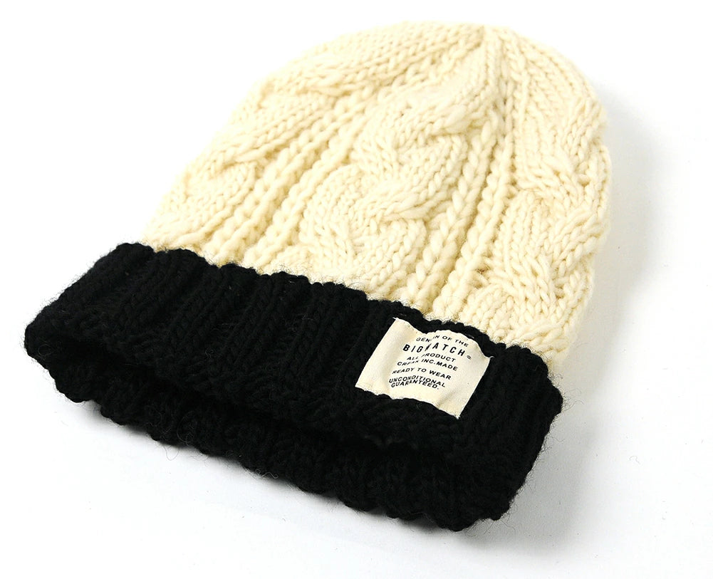 ニットキャップ ウール100% ケーブル ビーニー ホワイト/ブラック 白 黒 防寒 W-14 春 秋 冬/ビッグワッチ 大きいサイズ メンズ 帽子 BIGWATCH正規品